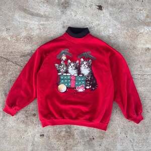 Vintage 90s Christmas Kittens Red Crewneck Sweatshirt
